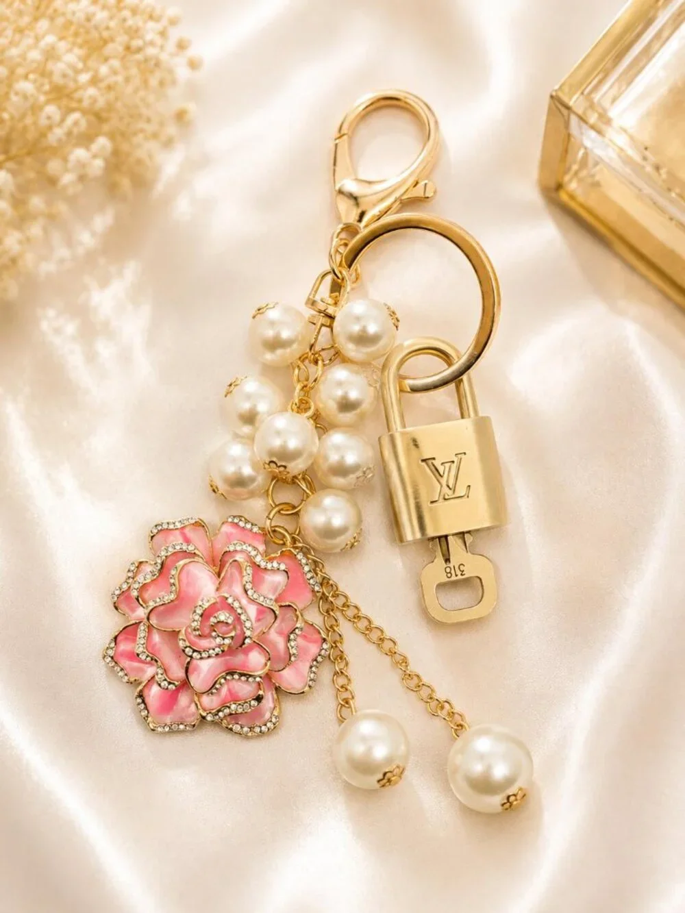 LV Gold Padlock 🔑 Authentic Louis Vuitton Charm + Unbranded Flower Keychain